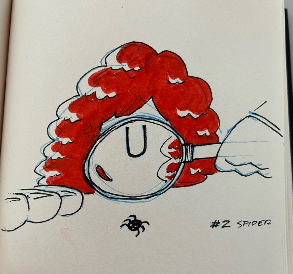 A pen and ink illustration in a sketchbook of Annie using a magnifying glass to investigate a cute lil' spider.