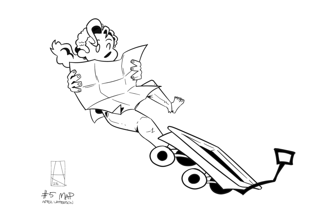 A digital illustration of Annie falling behind a wagon, like how Calvin and Hobbes sometimes do. She's holding a map and reading it attentively, almost like she hasn't noticed she's falling.