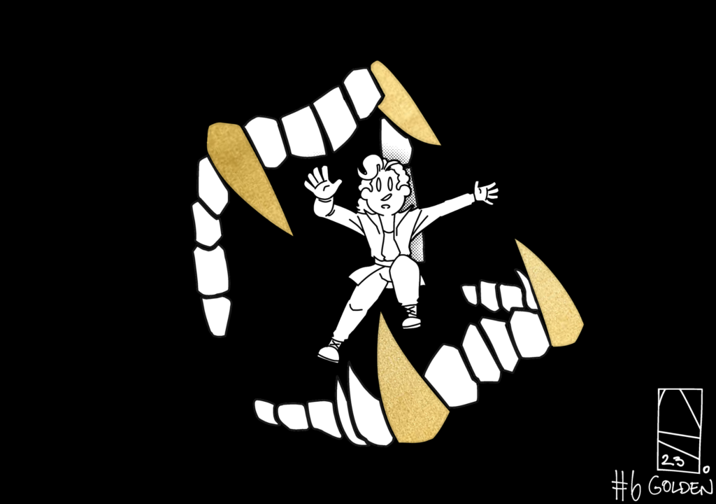A digital illustration, on a black background, of Annie falling into or through a big set of teeth, the corners of which are sharp and made of gold.