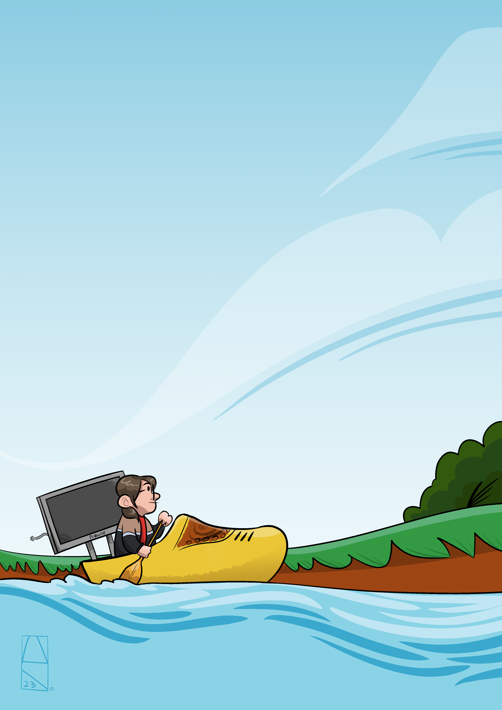 A digital illustration of me, paddling down a body of water in a big clog. In the back of the clog is a "smart whiteboard" style school screen.
