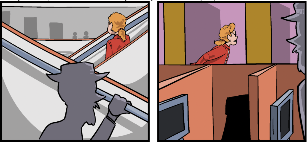 Two panels from Annie Forever. In the first, a silhouetted figure with a beard and hat is hiding from Annie on stairs. In the second, she's chasing the silhouetted figure through a room with computers in it.